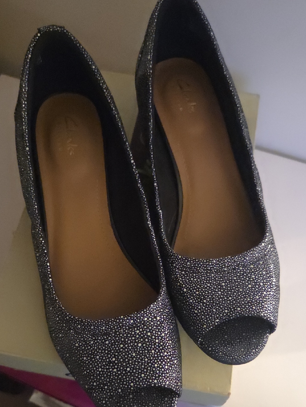 Clarks Black Glitter Peep-Toe Heels